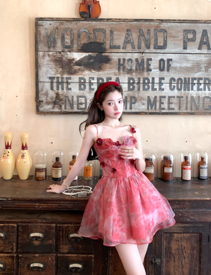 Red printed chiffon suspender dress women's summer French style waist skirt R4580