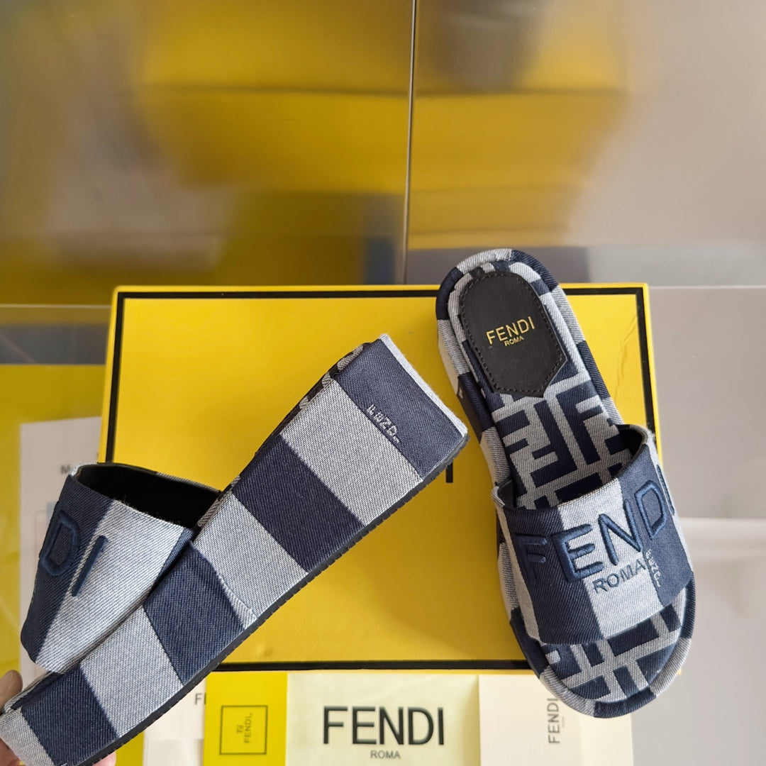 FF Sunshine 65 Blue Dark Grey Canvas Flatform Slide