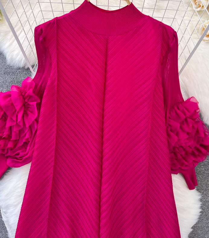 High-class lady temperament pleated lantern long sleeve loose A-line solid color elegant dress R0319