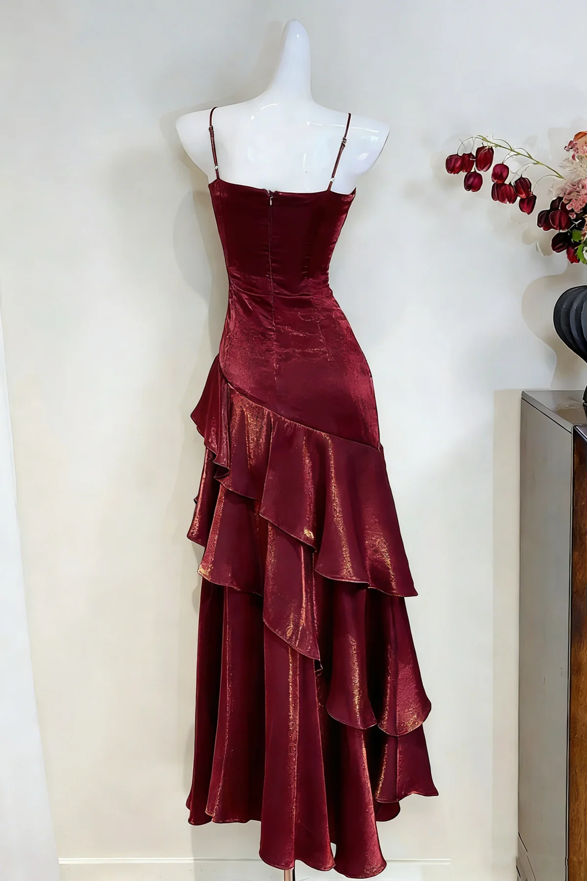 Wine Red Satin Ruched Prom Dress,Spaghetti Straps Tiered Party Dress Evening Dress  fg8720