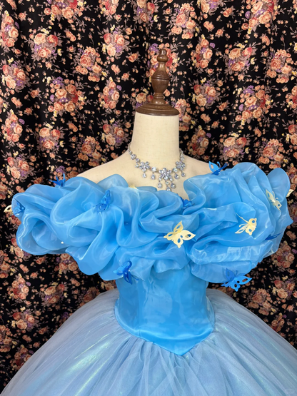 Retro Blue Off-the-shoulder A-Line Tulle Quinceanera Dresses Sweet 18 Birthday Ball Gowns, D1424