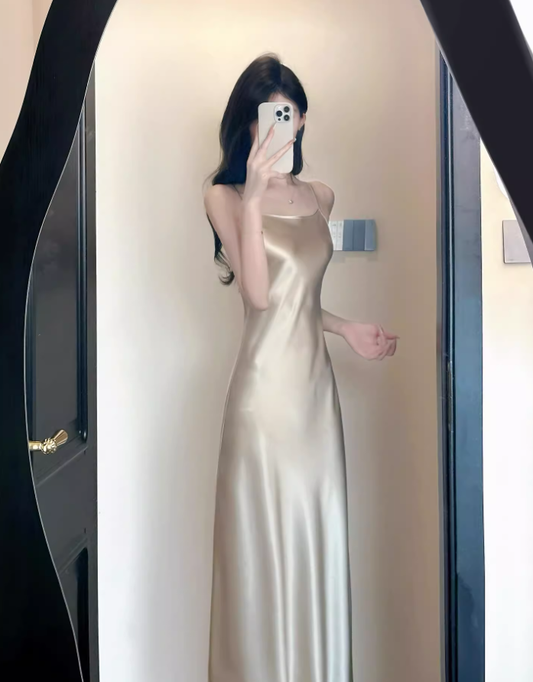 French style lady's suspender dress new summer style high-end exquisite acetate satin banquet dress R0435