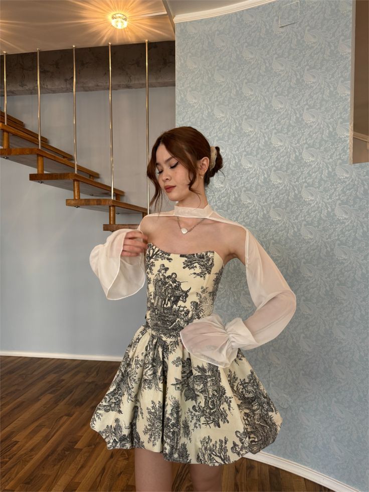 Retro pattern tube top waist slimming puffy skirt homecoming dress R3895
