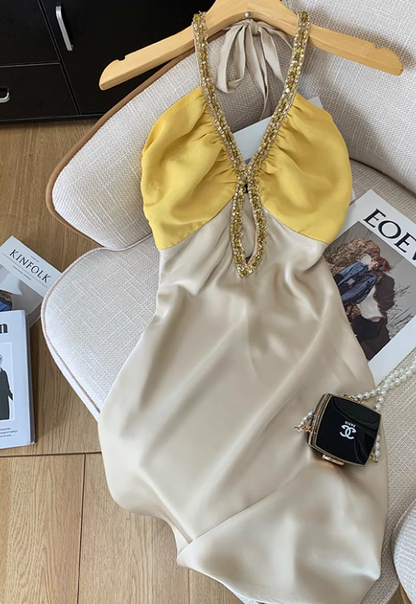 French hollow halter neck dress for women high-end temperament waist short dress R3990