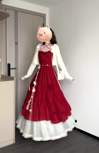 French retro red three-dimensional flower sling dress seaside holiday waist temperament long skirt R0428