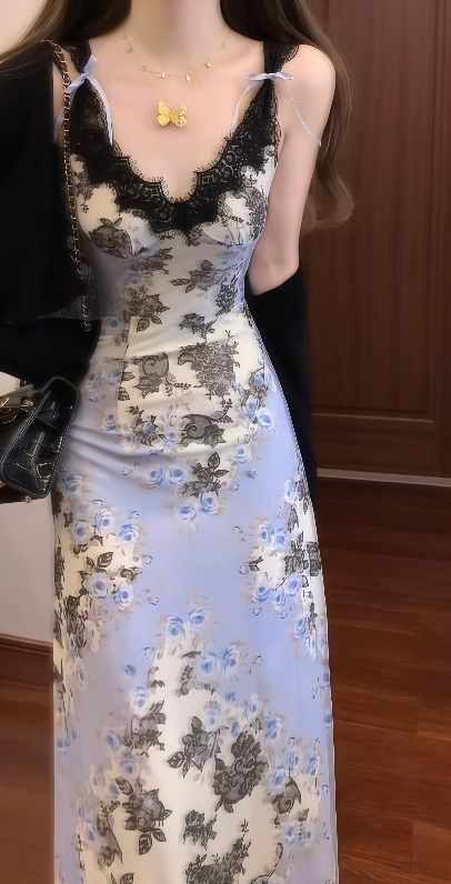Oil painting floral suspender dress beautiful waist A-line long skirt R0606