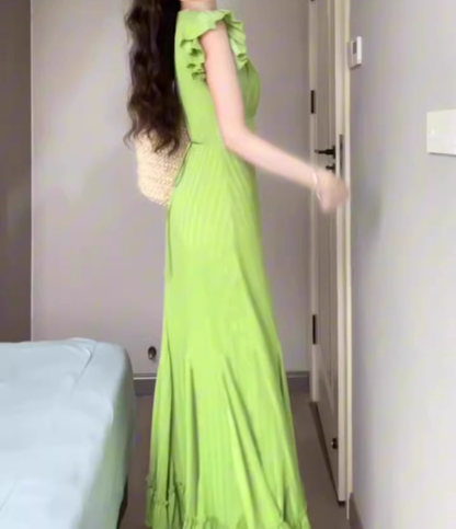 Retro green dress high-grade v-neck temperament step by step lotus fishtail skirt R0735