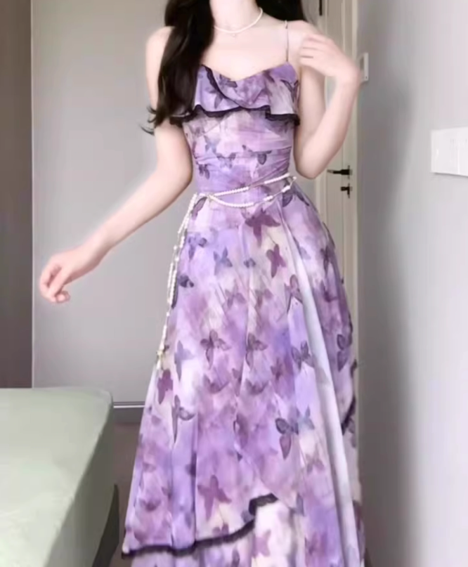 Purple oil painting floral suspender dress beautiful waist A-line long skirt R0749