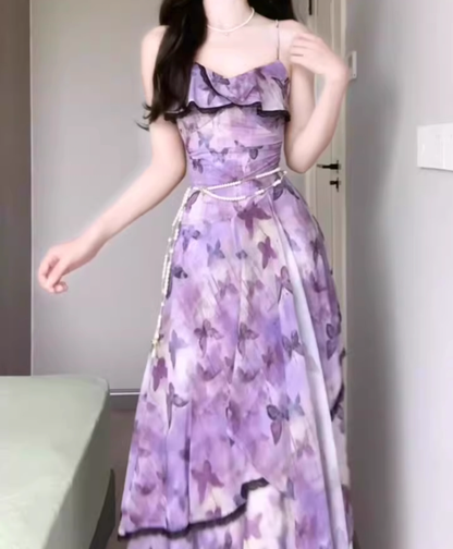Purple oil painting floral suspender dress beautiful waist A-line long skirt R0749