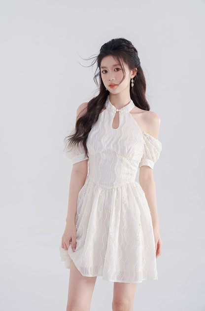 French dress new summer style beautiful temperament waist slimming white short skirt R4503