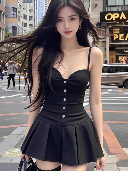 Pure desire style sexy black suspender dress new style waist slimming A-line short skirt R3393