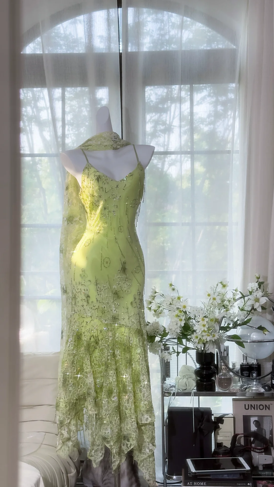 Retro Light Green Sparkling Sequin Spaghetti Strap Romantic Evening Dress Prom Dresses D1502