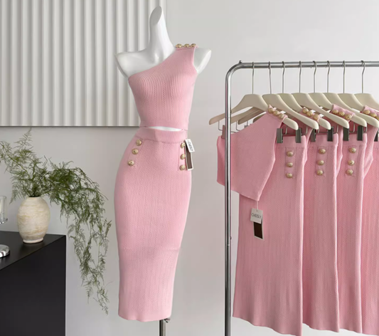 Temperament pure pink gold button off-shoulder short knitted versatile top slim skirt fashion suit R0277