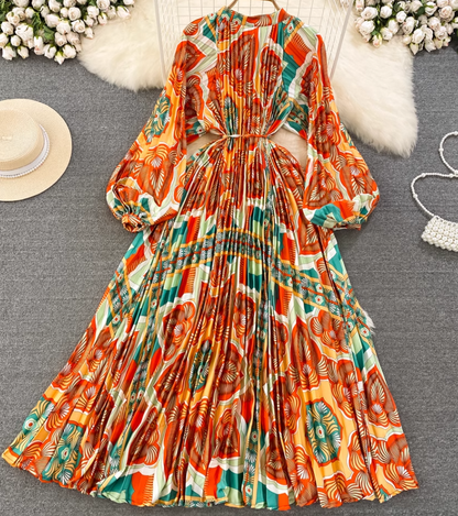 Light luxury temperament lantern long sleeve round neck waist single breasted print elegant dress R0403