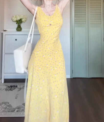 V-neck sleeveless yellow floral dress 2025 new waist long skirt R0804