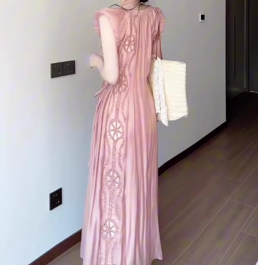 Women's pink small flying sleeve dress gentle sweet style loose long skirt R0725