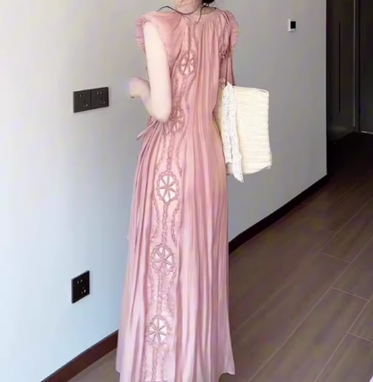 Women's pink small flying sleeve dress gentle sweet style loose long skirt R0725