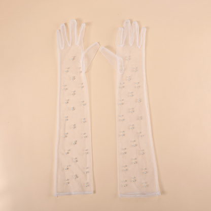 Mesh sun protection gloves pearl full finger gloves transparent lace long dress bride wedding gloves     S6272