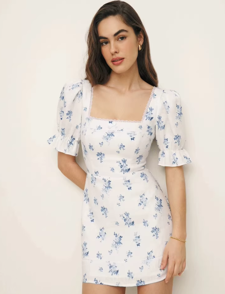 French floral square neck lace small lace retro bow dress R2917