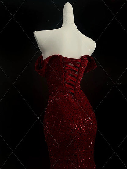 Classy Mermaid Sweetheart Red Slit Sequin Long Evening Gowns Prom Dress