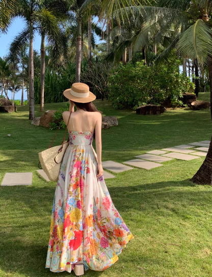 Beautiful little skirt for vacation, high-end floral suspender dress, fairy temperament long skirt 2025 R0480