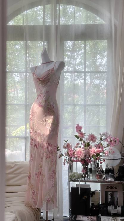 Retro Pink Floral Spaghetti Strap Romantic Chiffon Evening Dress Prom Dresses, D1461