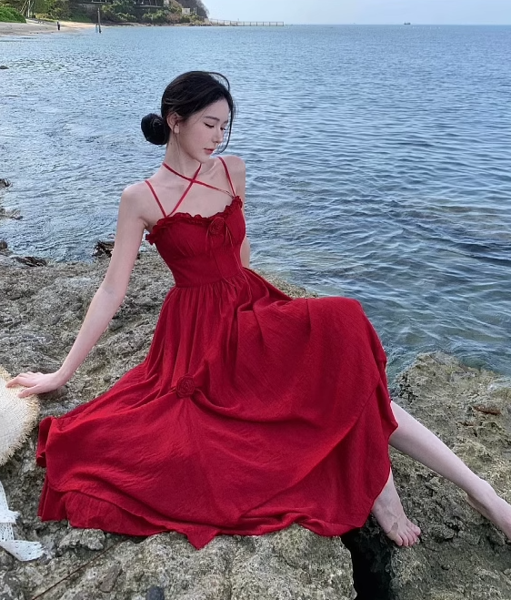 Photo-taking temperament romantic red rose lace-up large waist slimming suspender dress R0188