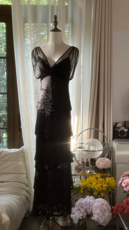 Vintage Black Applique Elegant Design A-line Romantic Chiffon Evening Dress Prom Dress D1478