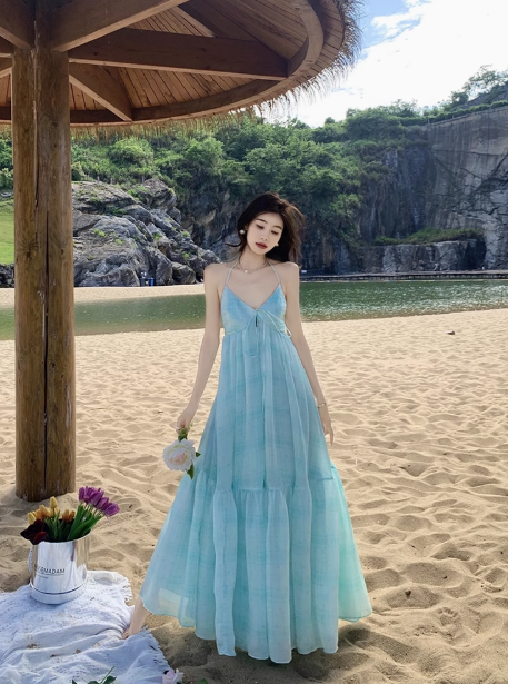 French style mint green halter neck suspender dress Sanya seaside holiday backless fairy long dress R0214