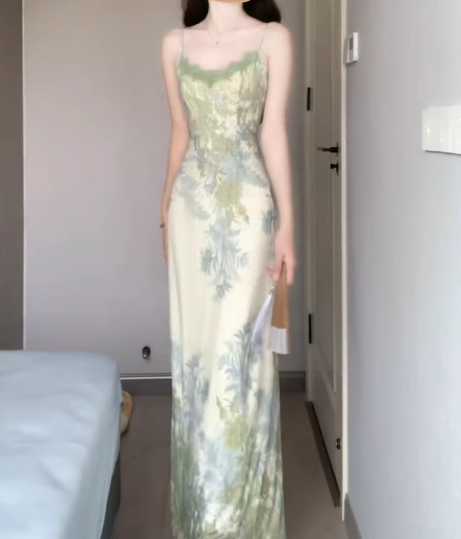 Floral suspender dress beautiful waist dating dress summer R0730