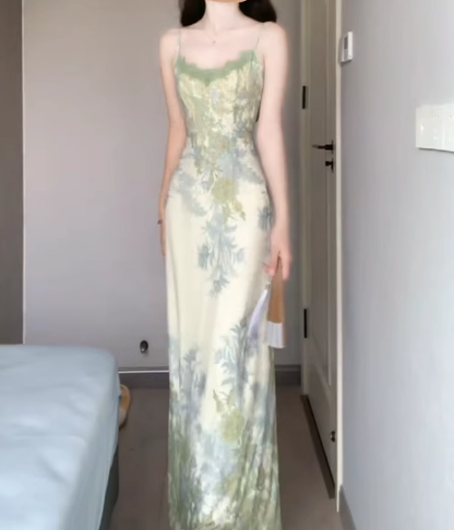 Floral suspender dress beautiful waist dating dress summer R0730