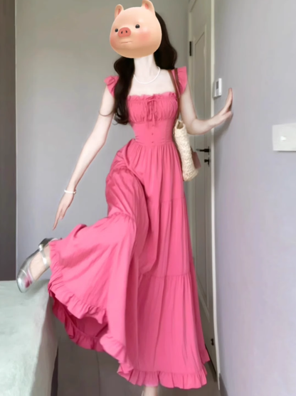 French square neck rose red tie waist dress beautiful gentle style backless long skirt R0462