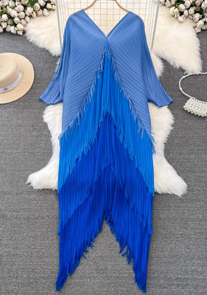 Temperament Sanyake pleated long-sleeved V-neck backless loose tassel gradient color irregular dress R0402