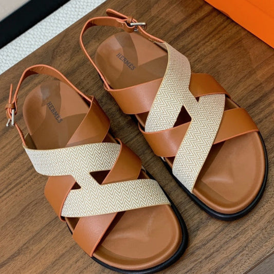 HM Heracles Sandals Brown Beige Frabic Calfskin 294068