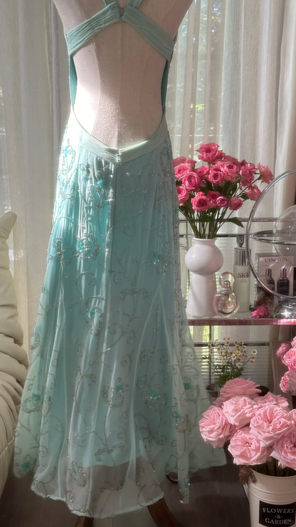 Retro Sparkling Light Blue Sweetheart Design A-line Romantic Chiffon Evening Dress Prom Dress D1480