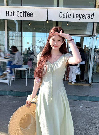 Green long v-neck short-sleeved dress women's summer loose slim temperament skirt R4832