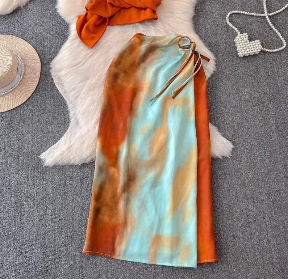 Summer sling holiday style gradient orange tie-dyed skirt knot design niche long skirt two-piece set R0321