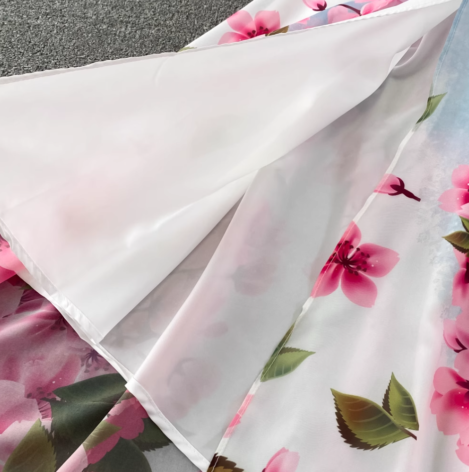 2025 new style ruffled one-shoulder printed two-way long skirt high waist slimming super fairy big swing dress R0352