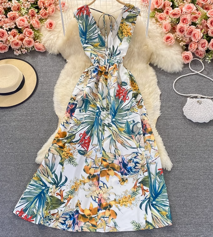 Backless V-neck printed dress for beach vacation, slim waist and long skirt R0360