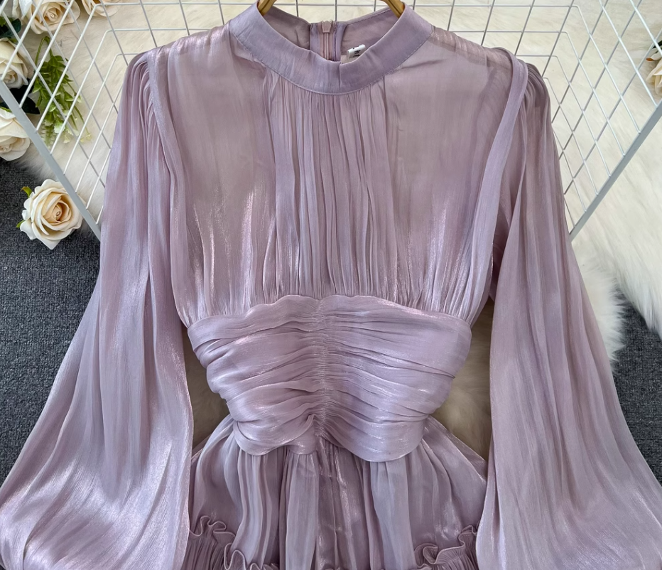 Spring and autumn lantern long sleeve stand collar waist slim pleated A-line dress holiday long skirt R0309