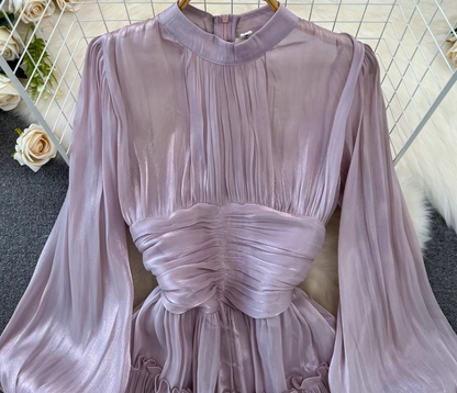Spring and autumn lantern long sleeve stand collar waist slim pleated A-line dress holiday long skirt R0309