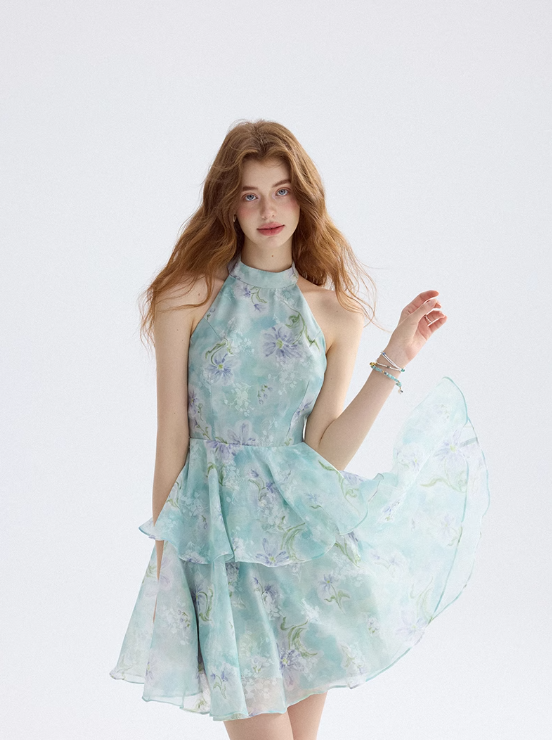 Floral dress halter neck suspender skirt short skirt vacation wear skirt women summer R3453