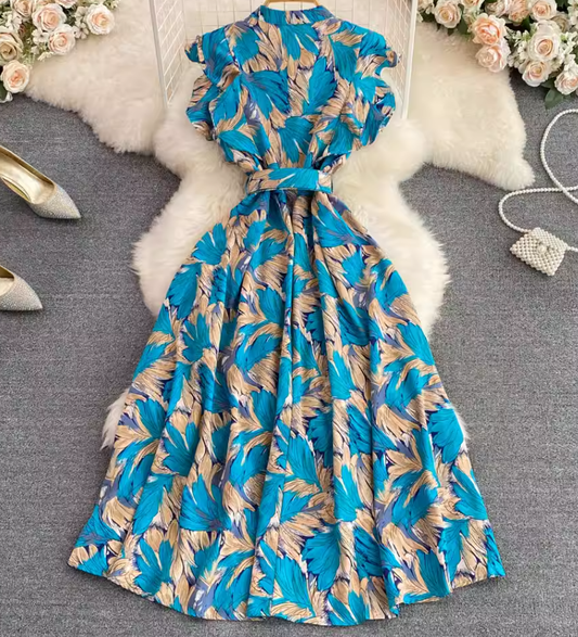 Gentle style stand-up collar, slim waist, printed A-line long swing dress 2025 high waist elegant long skirt R0359
