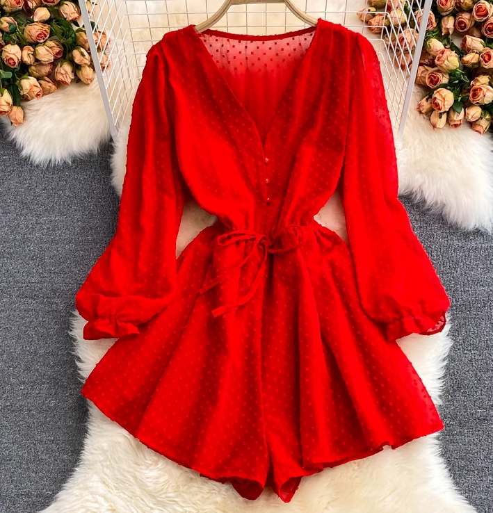 New fashion loose v-neck single-breasted waist strap chiffon puff sleeve jumpsuit wide-leg shorts trend R0350