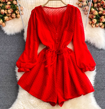 New fashion loose v-neck single-breasted waist strap chiffon puff sleeve jumpsuit wide-leg shorts trend R0350