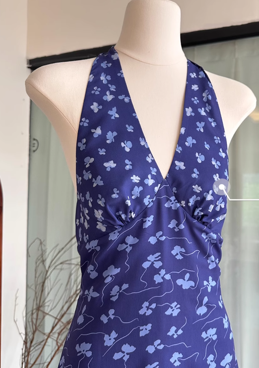 Purple V-neck floral halter dress for women summer seaside holiday style backless long dress R0111