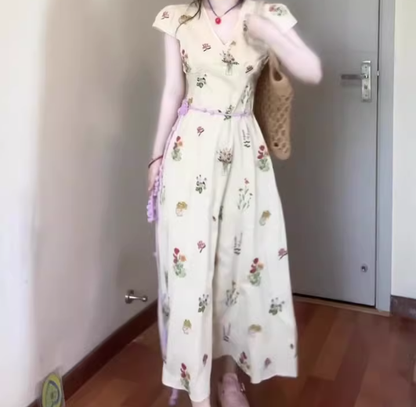 Retro v-neck floral dress 2025 new gentle temperament waist a-line long skirt R0747