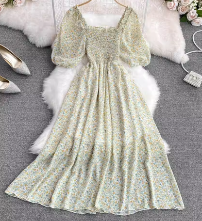 2025 new first love skirt square neck floral chiffon skirt tea break forest platycodon skirt a-line dress R0339