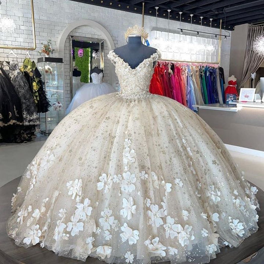Sweet 16 Quinceanera Dresses Floral Applique Tulle Ball Gown