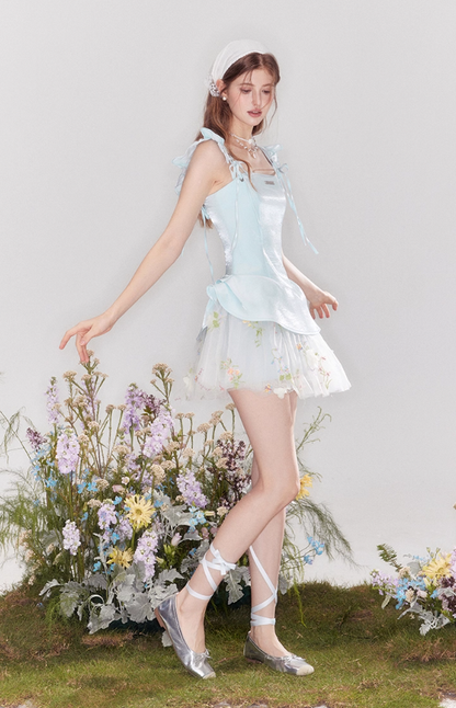 Satin-feeling temperament waist slim fit small flying sleeve puffy little dress R4538